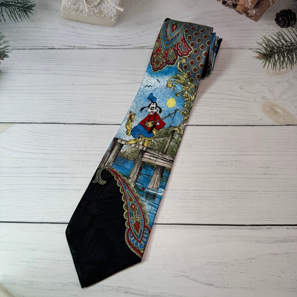 VTG Mickey Unlimited Goofy Fishing Tie Mens Black Blue Paisley 90s Novelty Retro